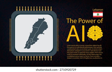 Lebanon map with microchip war and AI concept on circuit board, Power of AI with country map. Global connectivity with big data. Design for UI backgrounds or FinTech projects.