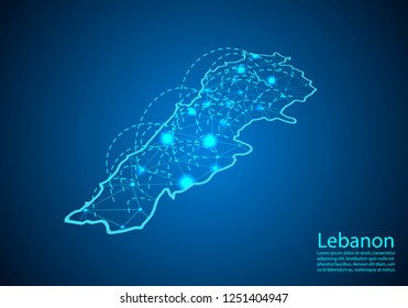 lebanon map with nodes linked by lines. concept of global communication and business. Dark lebanon map created from white dots with travel locations or internet connection.