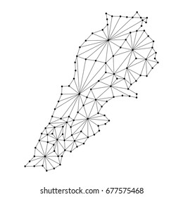 Lebanon map of polygonal mosaic lines network, rays and dots vector illustration.