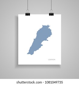 Lebanon map poster.  Blue vector map on piece of paper with paper clip, on a gray background. 