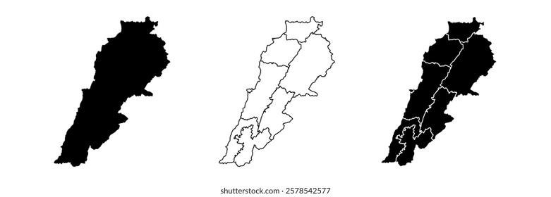 Lebanon map of regions districts vector black on white and outline.