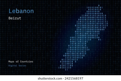 Lebanon Map Shown in Binary Code Pattern. TSMC. Blue Matrix numbers, zero, one. World Countries Vector Maps. Digital Series