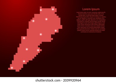 Lebanon map silhouette from red square pixels and glowing stars. Vector illustration.