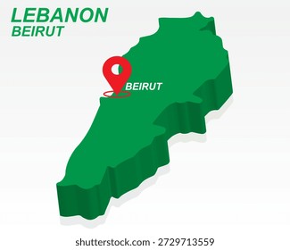 Libanon Landkarte Vektor, Beirut Hauptstadt Marker auf grüner 3D-Landschaft, Libanon Infografik Design, bearbeitbare Zielzeiger Libanon Geografie