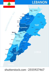 Lebanon Map Vector Blue Spot - Customizable layered political map of Lebanon with administrative divisions for website, education, reports, news, politics, print, poster and wallpaper