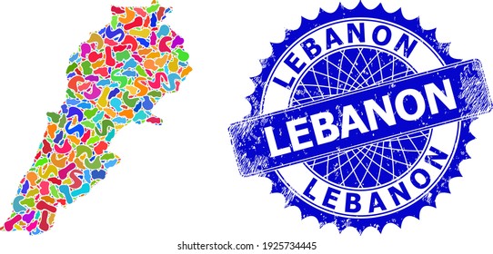 Lebanon map vector image. Blot mosaic map and distressed stamp for Lebanon. Sharp rosette blue stamp with caption for Lebanon map.