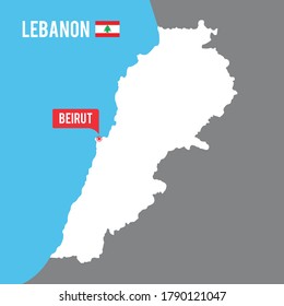 Lebanon map vector in white on a grey  background and sea on the border with capital city Beirut highlighted, Lebanon flag 