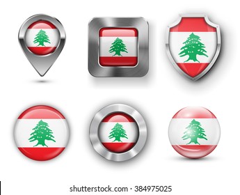 Lebanon Metal and Glass Flag Badges, Buttons, Map marker pin and Shields. Vector illustrations