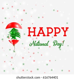 Lebanon National Day patriotic poster. Flying Rubber Balloon in Colors of the Lebanese Flag. Lebanon National Day background with Balloon, Confetti, Stars, Bokeh and Sparkles.