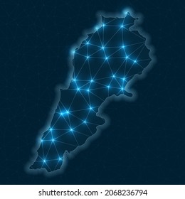 libanesische Netzwerkkarte. Abstrakte geometrische Karte des Landes. Digitale Verbindungen und Telekommunikationsdesign. Glühendes Internet-Netzwerk. Schöne Vektorgrafik.