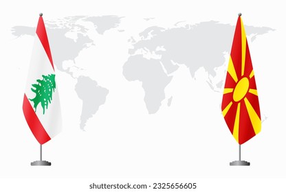 Lebanon and Northern Macedonia flags for official meeting against background of world map.