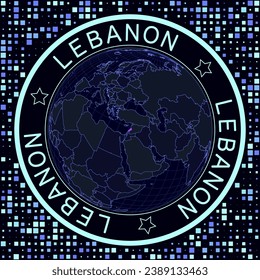 Lebanon on globe vector. Futuristic satelite view of the world centered to Lebanon. Geographical illustration with shape of country and squares background. Bright neon colors on dark background.