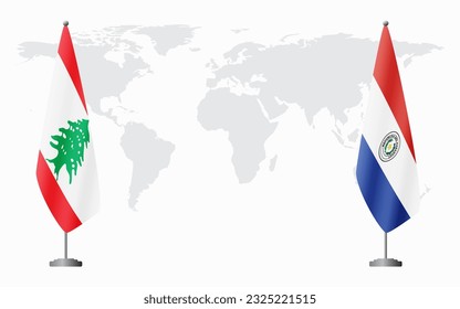 Banderas del Líbano y Paraguay para una reunión oficial contra el fondo del mapa mundial.