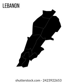 Mapa político del Líbano de divisiones administrativas - gobernaciones. Mapa negro en blanco y nombre de país.