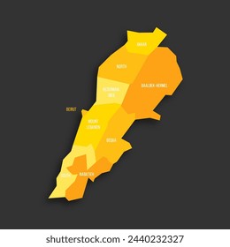 Libanon politische Karte der administrativen Gräben - Gouvernements. Flache Vektor-Map mit gelben Schattierungen und abgeworfenen Schatten auf dunkelgrauem Hintergrund.