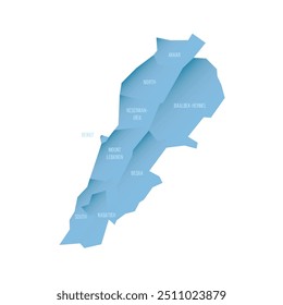 Libanon politische Karte der administrativen Divisionen - Gouvernements. Schattierte Vektorkarte mit 3D-ähnlichem blauem Farbverlauf und Namensschildern