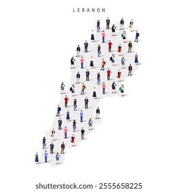 Lebanon population map. Large group of realistic a diverse crowd of people figures in a shape of Lebanese map. Flat vector illustration isolated on white.