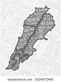 Libanon Regionen Karte Wort Wolke. Namen der Region Libanon. Schwarz-weißes Kartendesign. Moderne Vektorgrafik.
