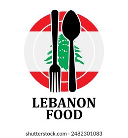 Lebanon Restaurant food logo. Flag symbol with plate spoon and fork Icon Template Illustration Design