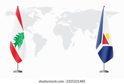 Lebanon and Saint Martin flags for official meeting against background of world map.
