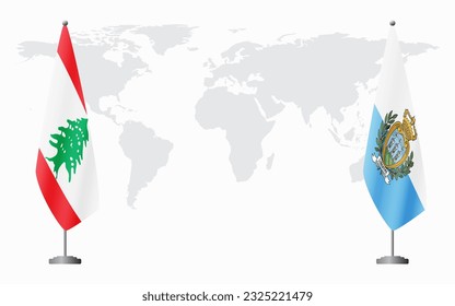 Lebanon and San Marino flags for official meeting against background of world map.