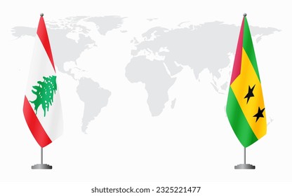 Lebanon and Sao Tome and Principe flags for official meeting against background of world map.