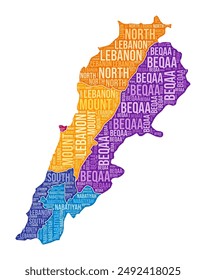 Lebanon shape. Country word cloud with region division. Lebanon colored illustration. Region names cloud. Vector illustration.