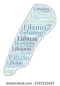 Lebanon shape filled with country name in many languages. Lebanon map in word cloud style. Superb vector illustration.