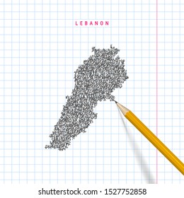 Lebanon sketch scribble map drawn on checkered school notebook paper background. Hand drawn vector map of Lebanon. Realistic 3D pencil.