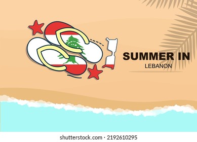 Lebanon summer holiday vector banner, beach vacation concept, flip flops sunglasses starfish on sand, copy space area, Lebanon summer travel and tourism idea with flag