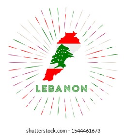 Lebanon sunburst badge. The country sign with map of Lebanon with Lebanese flag. Colorful rays around the logo. Vector illustration.