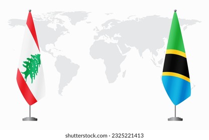Lebanon and Tanzania flags for official meeting against background of world map.