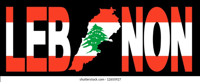 Lebanon text with map on lebanese flag illustration