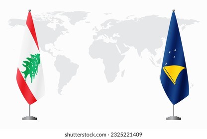 Lebanon and Tokelau flags for official meeting against background of world map.