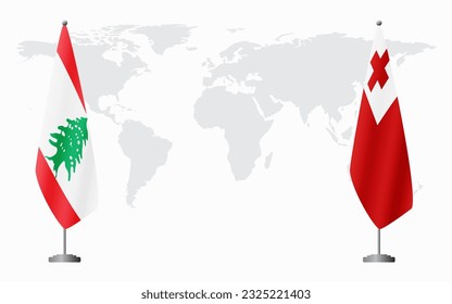 Lebanon and Tonga flags for official meeting against background of world map.