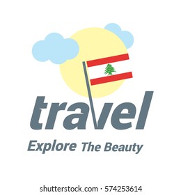 Lebanon Travel Country Flag Logo. Explore the The Beauty lettering with Sun and Clouds and creative waving flag. travel company logo design - vector illustration