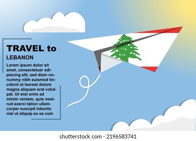 Lebanon travel vector banner with paper flag and text space, Lebanon country flag on paper plane, holiday and vacation concept, summer travel template and pattern, flight ticket idea