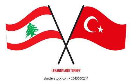 Lebanon and Turkey Flags Crossed And Waving Flat Style. Official Proportion. Correct Colors.