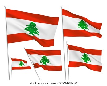 Lebanon vector flags set. 5 different wavy fabric 3D flags fluttering on the wind. EPS 8 created using gradient meshes isolated on white background. Five design elements from world collection