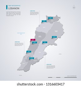 Lebanon vector map with infographic elements, pointer marks. Editable template with regions, cities and capital Beirut. 