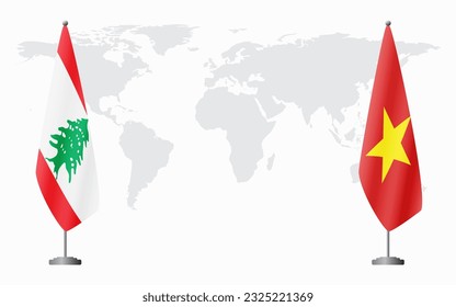 Lebanon and Vietnam flags for official meeting against background of world map.