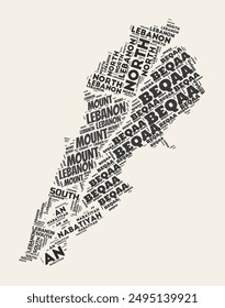 In: Lebanon Word Cloud. Country mit Regionen Division. Libanon typografische Text Wolken Vektorgrafik Bild Design. Klassische Gazette Stil Land Form Bild. Lebendige Vektorillustration.