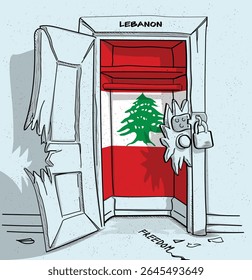 O caminho do Líbano para a liberdade. Ilustração política de uma porta quebrada, mas trancada, com a bandeira nacional. Uma metáfora para luta e esperança.