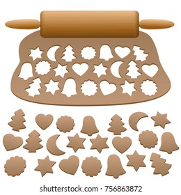 Lebkuchen dough with wooden rolling pin and cut out gingerbread cookies - isolated vector illustration on white background.
