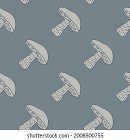 Leccinum scabrum mushroom grey contoured print seamless pattern. Blue pale background. Stock illustration. Vector design for textile, fabric, giftwrap, wallpapers.