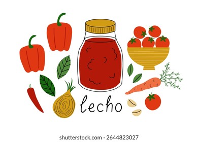 lecho ilustração vetor cozinha húngara em fundo isolado. Molho enlatado com tomates, páprica vermelha, alho, cenoura, folha de louro, pimenta quente, cebola. Produto vegetal, conservas caseiras de outono