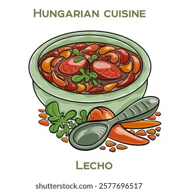 Lecho is a traditional Hungarian dish featuring a vibrant mix of stewed peppers, tomatoes, and onions, often served as a side or main course.