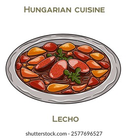 Lecho is a traditional Hungarian dish featuring a vibrant mix of stewed peppers, tomatoes, and onions, often served as a side or main course.