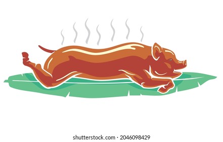 Lechon, Roast Pig on Banana Leaf Illustration