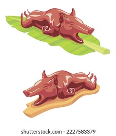 Lechon, Cerdo asado en bandeja y en la ilustración de vectores de hojas de plátano